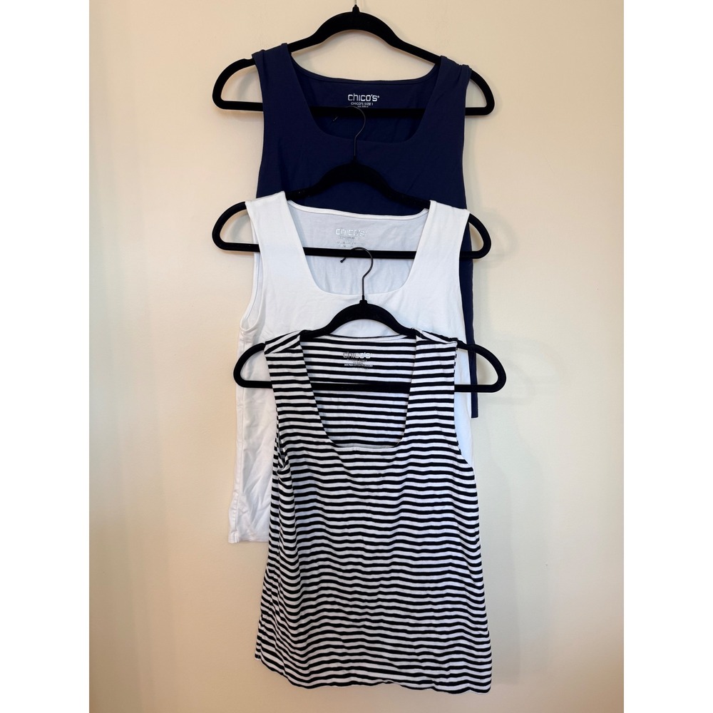 Chico's Pima Cotton Spandex Tank Top Bundle Set of 3 Navy White Striped Size 1 M